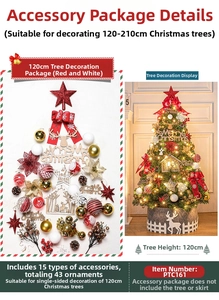 Detailed close-up of 43 red and gold Christmas tree ornaments including stars and bells