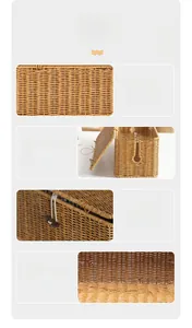 Detail of brown rattan weave cable box featuring U-shaped side openings and top lid latch