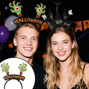 Halloween headbands with zombie hand and castle designs on models in party setting