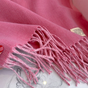 Close-up of pink cashmere-like scarf with soft fringe detail and a vintage woven label
