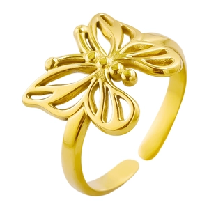 Elegant 304 stainless steel open butterfly ring with hollow design in gold finish