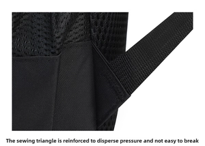Detail of reinforced triangle stitching on the black breathable mesh shoulder straps
