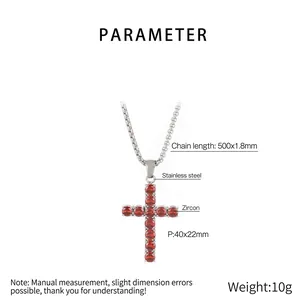 Detailed dimensions of silver stainless steel cross pendant with red cubic zirconia