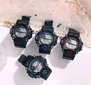 Macro shot of waterproof digital sports watches in four colors with 50M water resistance