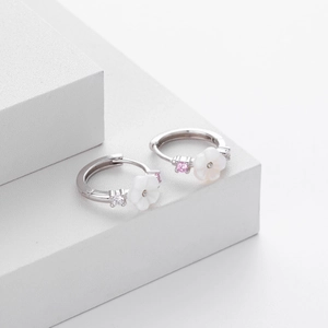 S925 silver flower earrings with white shell petals and pink zircon on white steps