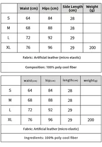 Tabella taglie per pantaloncini in ecopelle nera con misure di vita e fianchi in centimetri