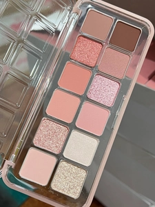Close-up of 12-color eyeshadow palette with matte and shimmer pink earth tones