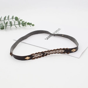 Dark brown leather hat band with braided rope detail and diamond-shaped metal studs