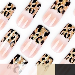 Pink leopard print square press-on nails with golden glitter long french design tips