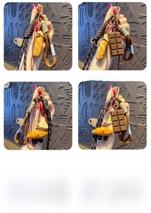 Collage of pretzel and croissant bag charms with woven ropes and metallic keyrings