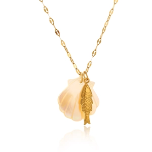 Detailed close-up of 18K gold starfish and seashell pendant with iridescent pearl finish