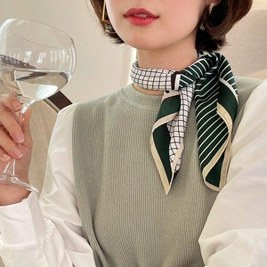 Elegant 70cm geometric lattice silk scarf for women in green and white stripe pattern