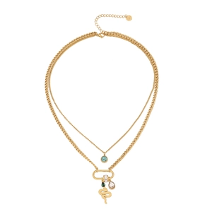 Double layer gold necklace with hexagram, snake pendant and green turquoise stones