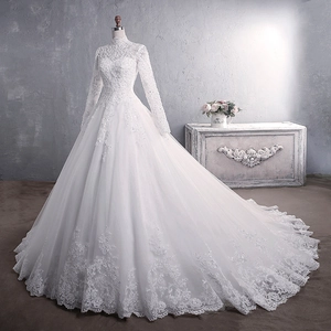 Vintage long sleeve wedding dress with high neck lace embroidery and grand trail