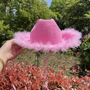 Sombrero de Vaquero del Oeste Rosa para Mujer Con Borde de Plumas Suaves Sombrero Fedora de Jazz de Fieltro de Poliéster Retro para Fiesta Festival Fotografía