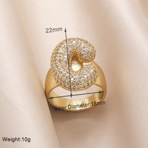 Detailed size and weight specs for a gold-plated letter C ring with pavé zircons