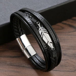 Men Multi Layer Woven Leather Bracelet With Stainless Steel Magnetic Clasp Feather Leaf Charm Fashion Retro Jewelry