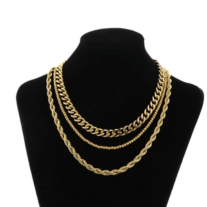 Three-layer 18K gold plated stainless steel stacked necklace with cuban and bead chains