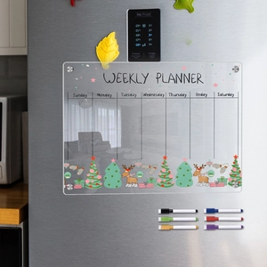 Close-up of magnetic acrylic weekly planner on fridge with six colorful markers