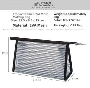 Detailed dimension chart for a waterproof PVC mesh toiletry bag measuring 23.5x8.5x15cm