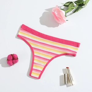 Breathable cotton ribbed thong for women with pink, yellow, and white horizontal stripes