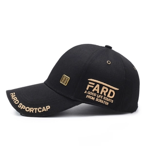 Black cotton baseball cap with gold FARD embroidery and metal logo plate at 45-degree angle