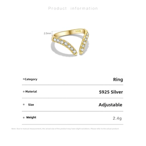 Detailed macro view of V-shaped gold S925 silver ring with zircons and 2.5mm width detail