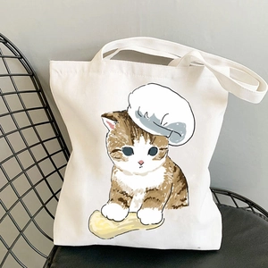Kawaii cat chef printing on white canvas tote bag for daily shopping and students