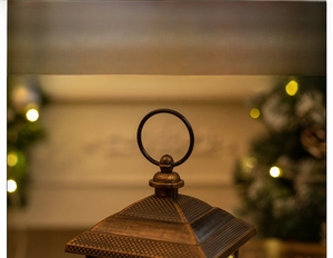 Detail of vintage Christmas lantern with bronze metal ring and textured top decoration