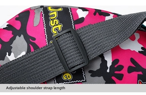 Detail of adjustable shoulder strap with plastic buckle on pink camo waist bag
