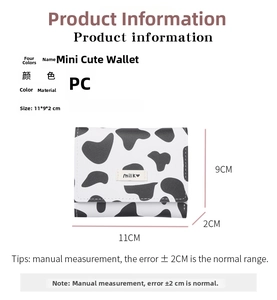 Detailed view of trifold mini cow print wallet showing 11x9x2cm dimensions and PC material