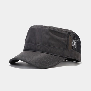 Detail view of the breathable mesh design and reinforced brim on the grey cadet cap