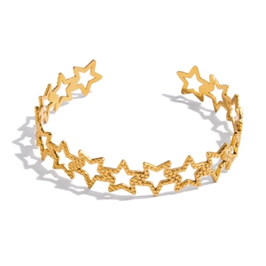 Gold star-shaped hollow open bangle with textured stainless steel surface for women