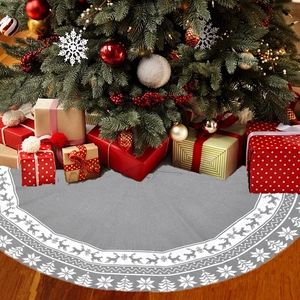 48-inch gray knitted Christmas tree skirt with white reindeer and snowflake patterns