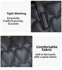 Close-up detail of heart-quilted black leather texture and premium stitching on tote bag
