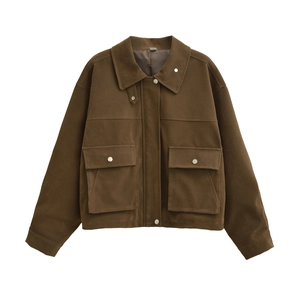 Damen Utility Jacke Wildlederimitat Umlegekragen Locker Mit Taschen Langarm Dunkelbrauner Mantel