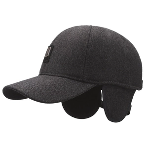 Men's winter wool-blend baseball cap in dark grey with thick fleece ear flaps for warmth