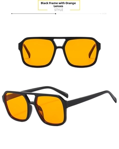 Front and 45-degree views of square black frame sunglasses with orange lenses