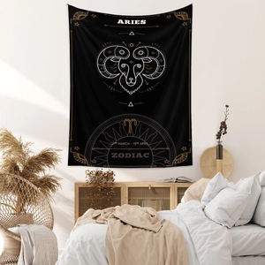Detail of Aries zodiac tapestry with white constellations on black fabric for wall decor