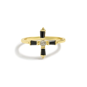 Gold cross ring featuring a square clear gemstone and black rectangular crystal accents
