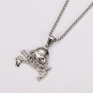 Detailed close-up of a silver skull pendant with tools on polished stainless steel necklace