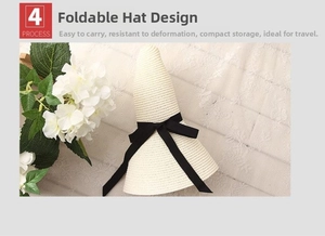 Foldable cream straw hat with black bow ribbon detail showing space-saving design