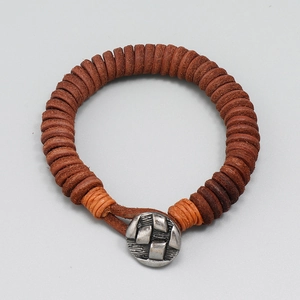 Vintage braided brown genuine leather bracelet with silver textured metal button clasp
