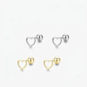 Boucles D'oreilles Puces Cœur Creux En Argent Sterling 925 Ligne Géométrique Minimaliste Chic Discret À Vis Pour Femmes