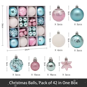 Detail of 42pcs Christmas ball set with pink, blue and white ornaments in various sizes