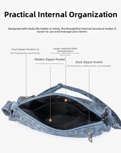 Detail view of denim crossbody bag with five functional zippered compartments and pockets