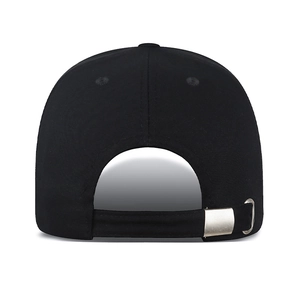 Rear view of a black cotton baseball cap with adjustable silver metal buckle strap