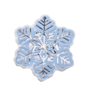 Blue Christmas napkins with silver snowflake patterns and white scalloped edges