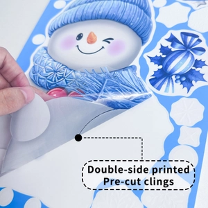 Double-sided Christmas window clings featuring snowman and blue candy patterns