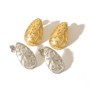 Textured teardrop-shaped stainless steel earrings in 18k gold and silver finishes
